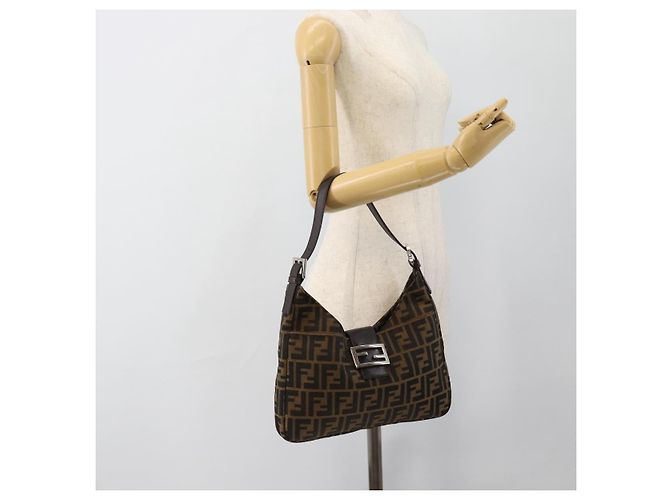 Borsa a Spalla FENDI Mamma Baguette in Tela Zucca Nero Marrone Argento Auth am11931V - vista 23