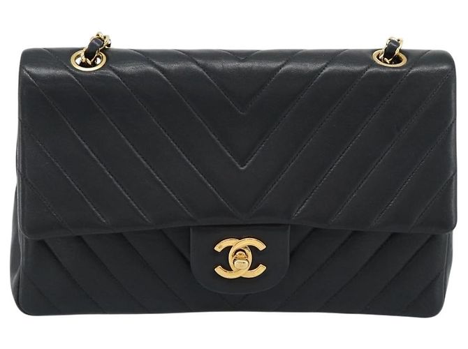 Borsa a Spalla CHANEL V stitch Chain in Pelle di Agnello Nera e Oro CC Auth 189090M Nero D'oro - vista 2
