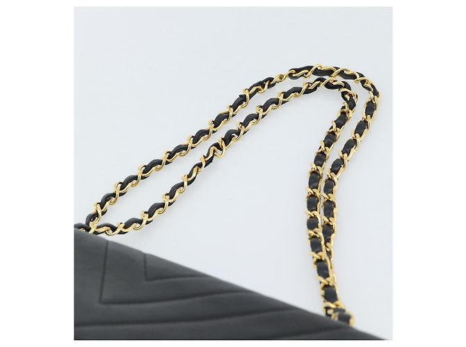 Borsa a Spalla CHANEL V stitch Chain in Pelle di Agnello Nera e Oro CC Auth 189090M Nero D'oro - vista 8