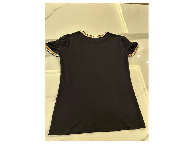 T-shirt Chanel nera in cotone con profilo intrecciato oro Nero - vista 2