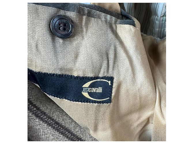 Just Cavalli Abrigo de lana a rayas con cuello de pelo Castaño Beige - vista 3