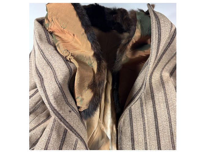 Just Cavalli Abrigo de lana a rayas con cuello de pelo Castaño Beige - vista 7