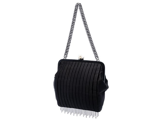 Borsa a Spalla Chanel Black Pleated Satin Frame Pearl Chain Fringe Nero - vista 2