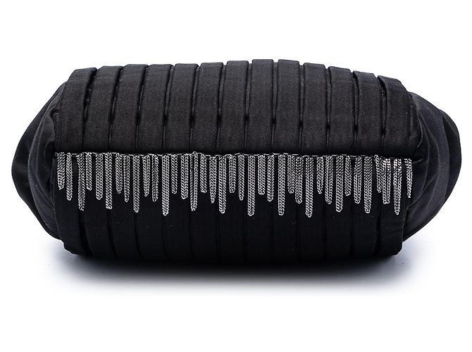 Borsa a Spalla Chanel Black Pleated Satin Frame Pearl Chain Fringe Nero - vista 3
