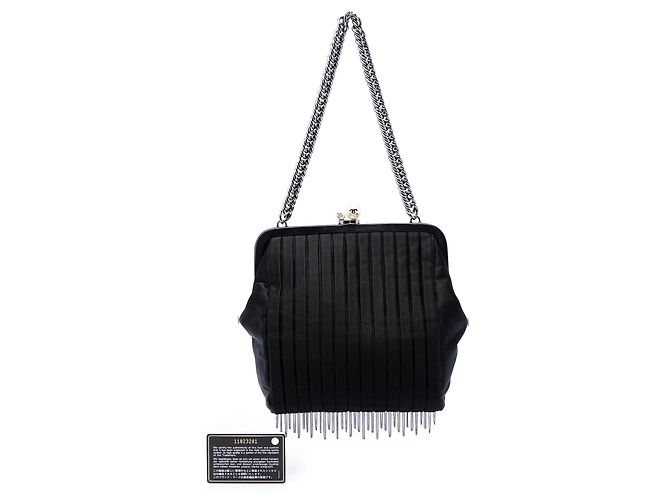Borsa a Spalla Chanel Black Pleated Satin Frame Pearl Chain Fringe Nero - vista 6