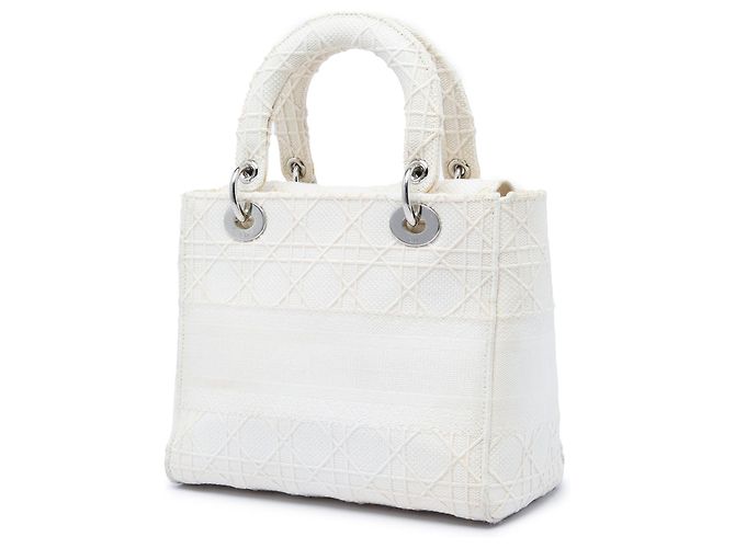 Dior White Medium Embroidered Canvas Cannage Lady D Lite Cream - view 2