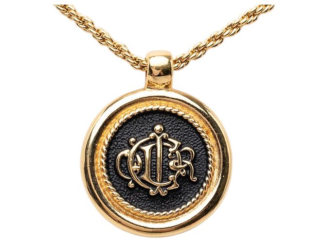 Dior Goldvergoldeter Emaille-Logo Rundanhänger Halskette Golden - Ansicht 2