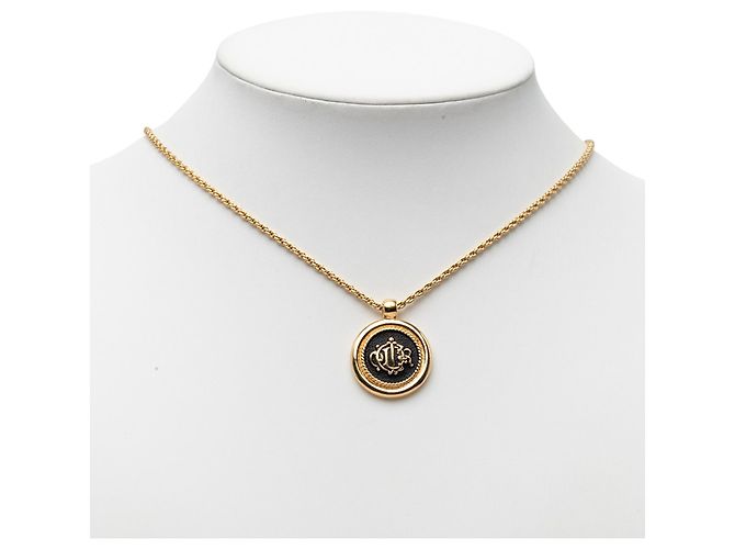 Dior Goldvergoldeter Emaille-Logo Rundanhänger Halskette Golden - Ansicht 6