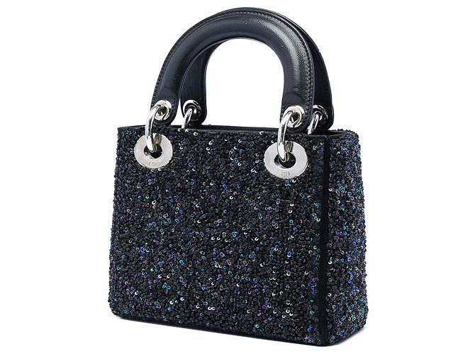 Lady Dior Dior mini in raso nero con decorazioni in paillettes - vista 2