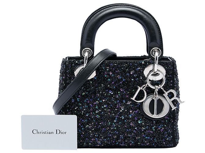 Lady Dior Dior mini in raso nero con decorazioni in paillettes - vista 7
