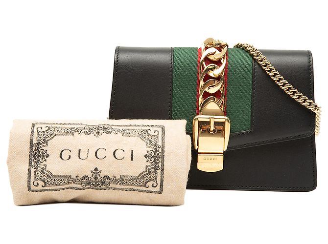 Gucci Black Super Mini Calfskin Web Sylvie Chain Crossbody Nero - vista 7