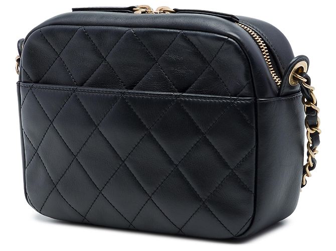 Camera Chanel Kamera Tasche aus schwarzem gestepptem Kalbsleder mit Logo-Kette - Ansicht 2