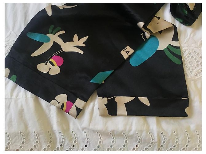 Pantalones de seda negros estampados Chanel Rosa Blanco Azul Dorado Verde - vista 11