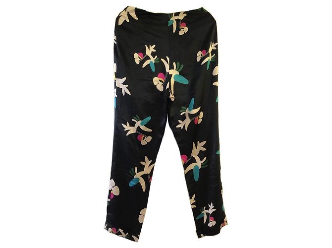 Pantalones de seda negros estampados Chanel Rosa Blanco Azul Dorado Verde - vista 2