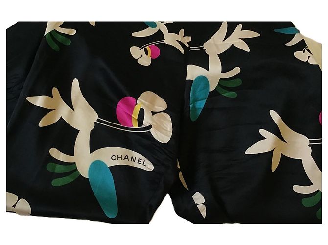 Pantalones de seda negros estampados Chanel Rosa Blanco Azul Dorado Verde - vista 6