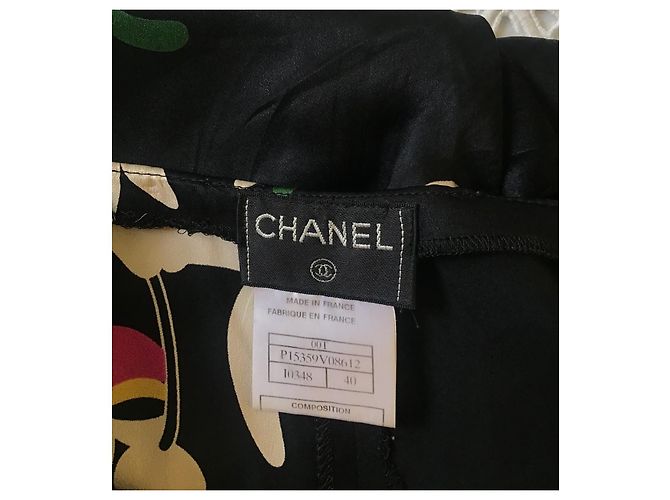 Pantalones de seda negros estampados Chanel Rosa Blanco Azul Dorado Verde - vista 8