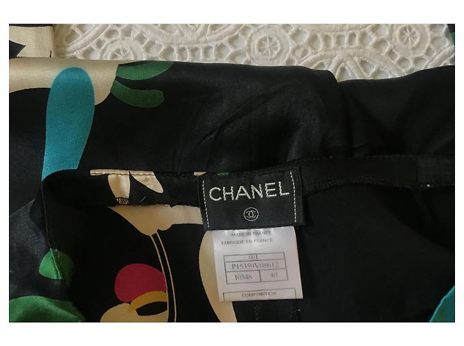Pantalones de seda negros estampados Chanel Rosa Blanco Azul Dorado Verde - vista 9