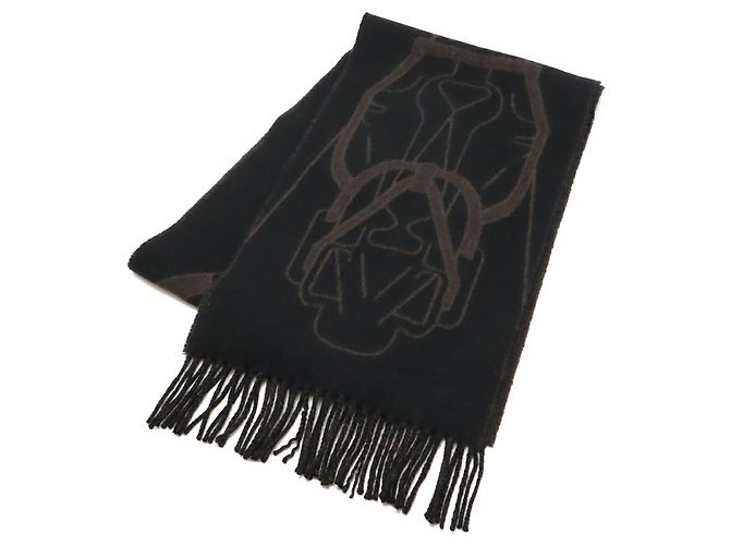 Hermès Sciarpa in cashmere Hermes, Stola Tête à Equestre Nero Marrone scuro - vista 2