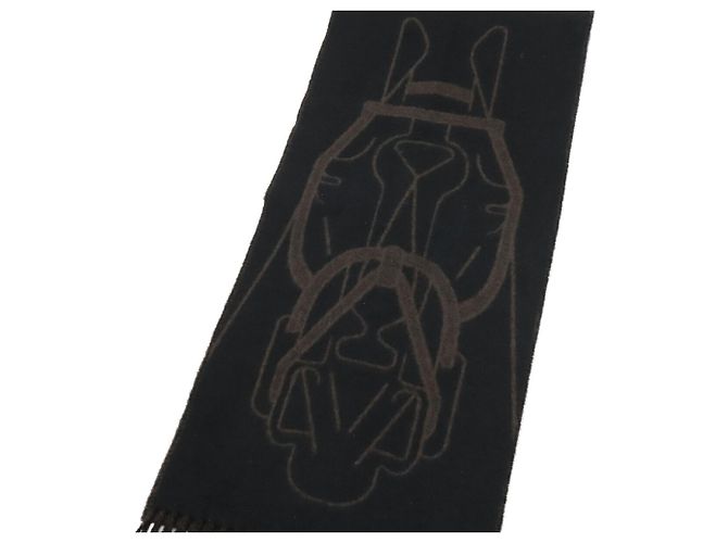 Hermès Sciarpa in cashmere Hermes, Stola Tête à Equestre Nero Marrone scuro - vista 4