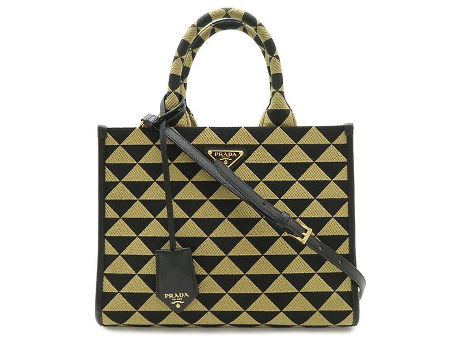 Prada Symbol Stickerei Stoff Tragetasche Schwarz Beige - Ansicht 2