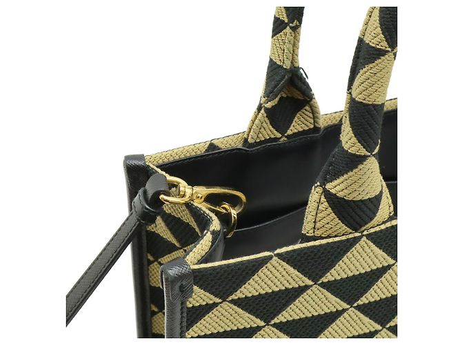 Prada Symbol Stickerei Stoff Tragetasche Schwarz Beige - Ansicht 5