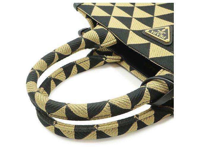 Prada Symbol Stickerei Stoff Tragetasche Schwarz Beige - Ansicht 7