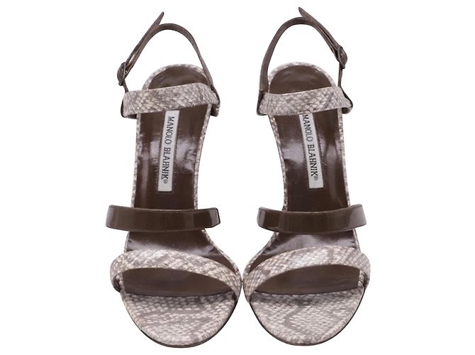 Sandali con listini Manolo Blahnik Villano in pelle di serpente marrone - vista 2