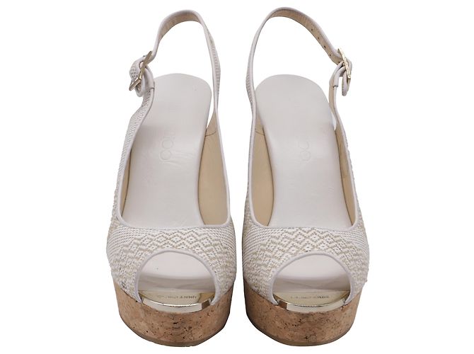Sandali Jimmy Choo Slingback Peep Toe Wedges in Raffia Bianco - vista 2
