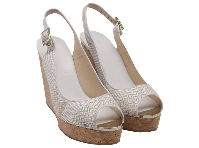 Sandali Jimmy Choo Slingback Peep Toe Wedges in Raffia Bianco - vista 3