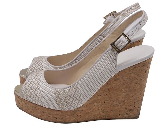 Sandali Jimmy Choo Slingback Peep Toe Wedges in Raffia Bianco - vista 5