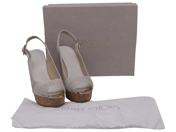Sandali Jimmy Choo Slingback Peep Toe Wedges in Raffia Bianco - vista 8