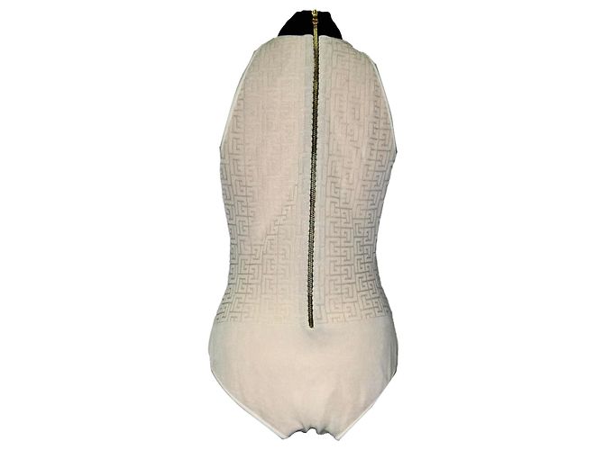 Balmain Monogramm-Jacquard-Body aus cremefarbener Viskose Weiß Roh - Ansicht 3