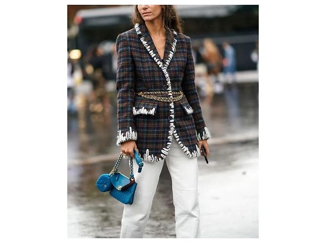 Chanel Fall 2019 RTW Tweed-Jacke mit Karomuster Braun Mehrfarben Grün Dunkelblau - Ansicht 9