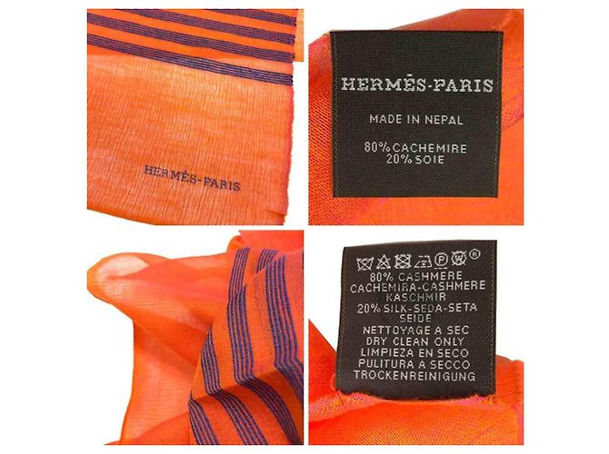 Hermès Chal de cachemira y seda con pespuntes Plume Hermes Azul Naranja - vista 3