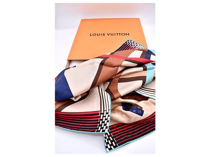Louis Vuitton Monogram Schal Braun Weiß Rot Blau Beige Hellblau - Ansicht 3