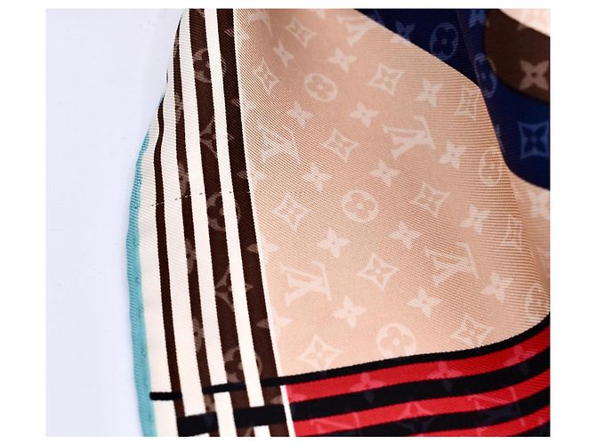 Louis Vuitton Monogram Schal Braun Weiß Rot Blau Beige Hellblau - Ansicht 5