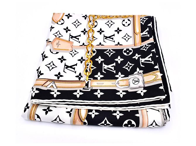 Foulard in seta Louis Vuitton Monogram Confidential 90 Nero Bianco D'oro - vista 2