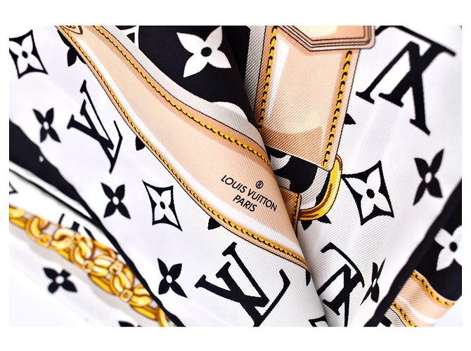 Foulard in seta Louis Vuitton Monogram Confidential 90 Nero Bianco D'oro - vista 4