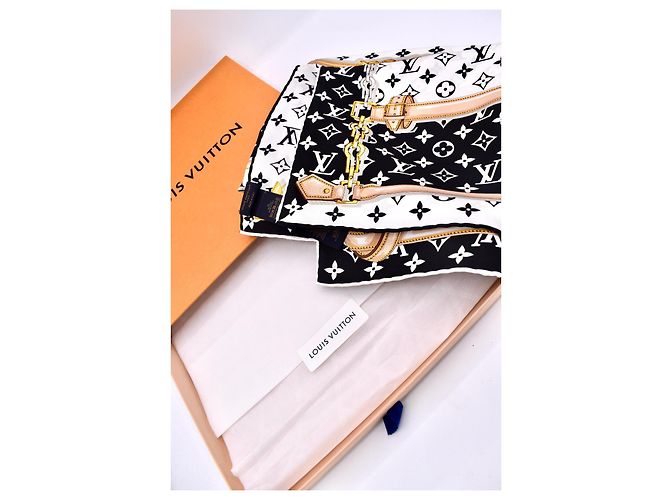 Foulard in seta Louis Vuitton Monogram Confidential 90 Nero Bianco D'oro - vista 8