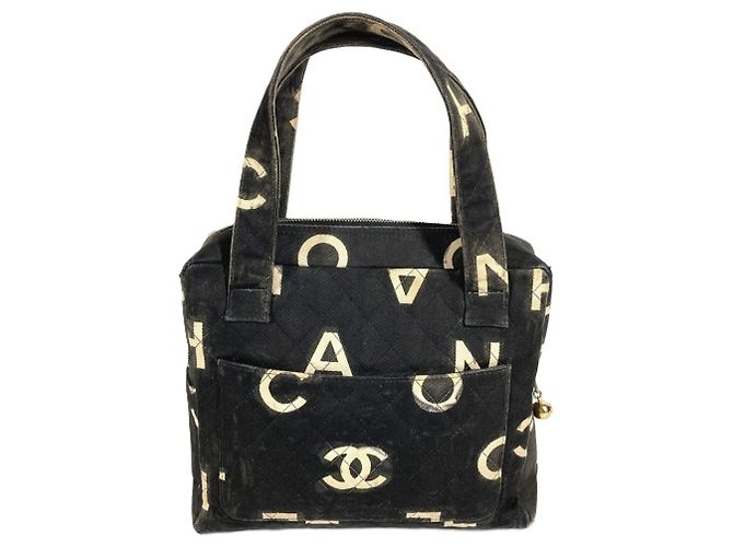 Borsa Tote Chanel Vintage All-Over Print Nero Bianco - vista 2