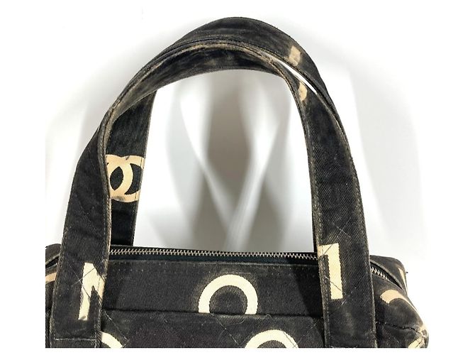 Borsa Tote Chanel Vintage All-Over Print Nero Bianco - vista 3
