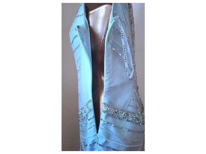 Autre Marque Hellblaues Abendkleid mit Pailletten und Perlen - Ansicht 13