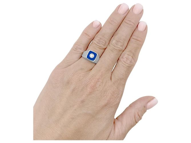Autre Marque Weißgoldring, blaue Emaille und Diamanten - Ansicht 4