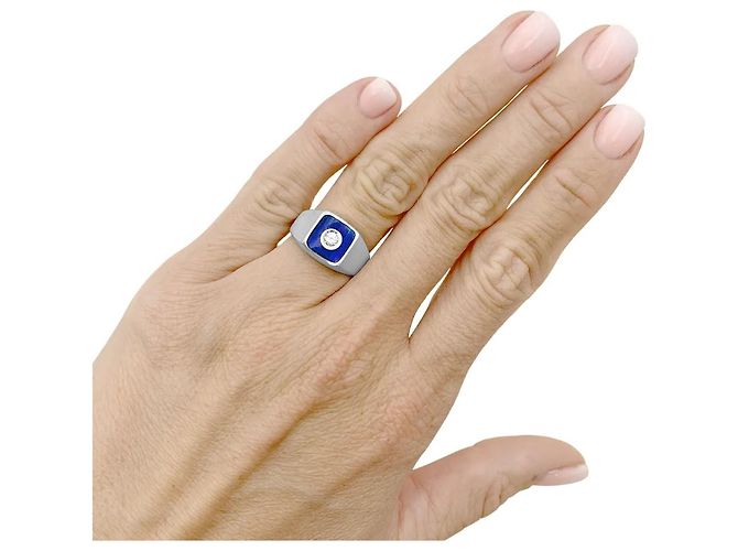 Autre Marque Weißgoldring, blaue Emaille und Diamanten - Ansicht 5