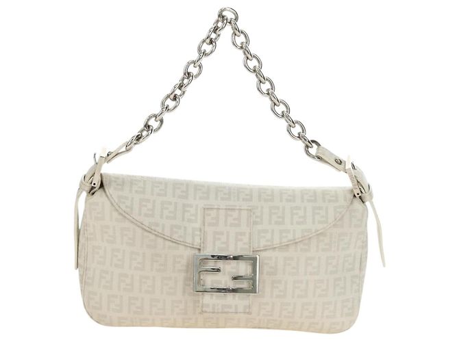 FENDI Zucchino Canvas Mamma Baguette Tasche PVC Weiß Silber Authentisch yk20548SAM - Ansicht 2