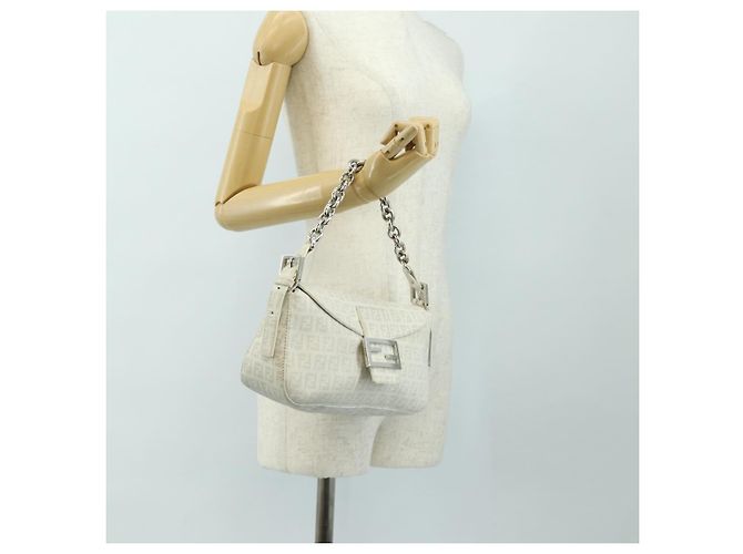 FENDI Zucchino Canvas Mamma Baguette Tasche PVC Weiß Silber Authentisch yk20548SAM - Ansicht 26
