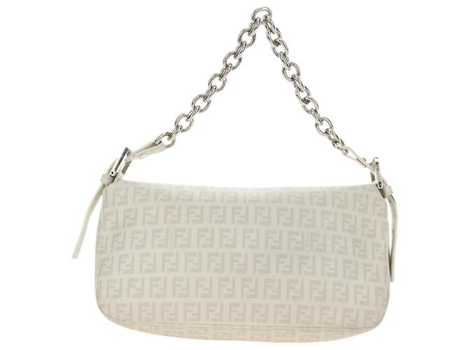 FENDI Zucchino Canvas Mamma Baguette Tasche PVC Weiß Silber Authentisch yk20548SAM - Ansicht 3