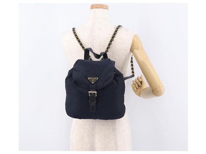Zaino PRADA Nylon Navy Gold Auth gh2105 D'oro Blu navy - vista 28
