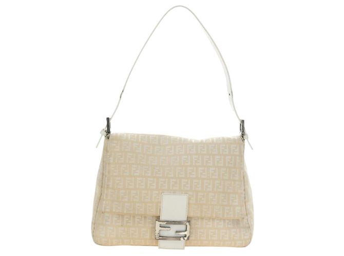 Borsa a tracolla FENDI Zucchino Canvas Mamma Baguette Bianco Argento Auth 186466V - vista 2