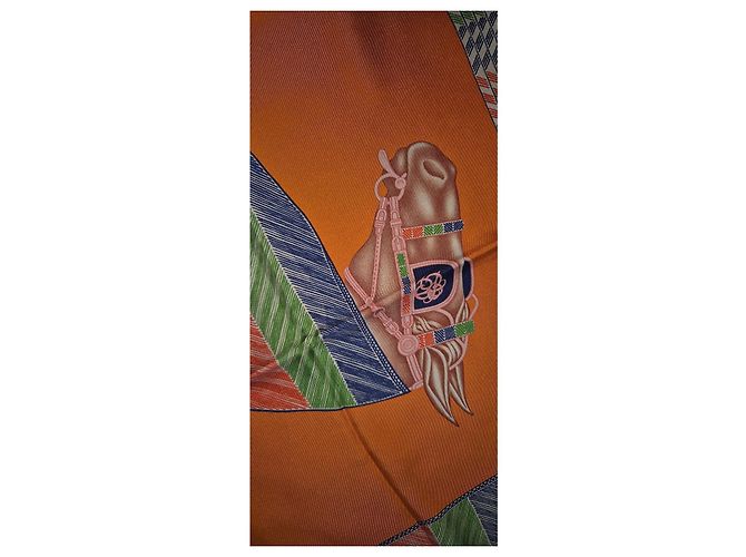 Bufanda de seda Hermès 'Favori du Faubourg' Roja Azul Verde Naranja - vista 7